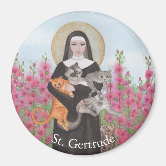 Personaliseer St Gertrude Patron of Cats Waterverf Magneet (Voorkant)
