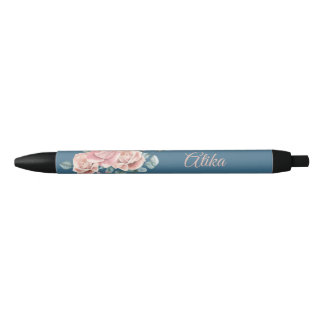 Personaliseer trendy Navy en roze Daisy Bloemen Pe Zwarte Inkt Pen