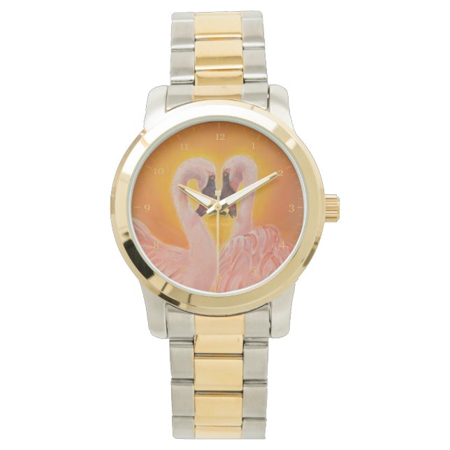 Personaliseer Twee Flamingo's Liefde hart Dans Horloge (Voorkant)