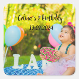 Personaliseer uw baby's verjaardagsfoto vierkante sticker