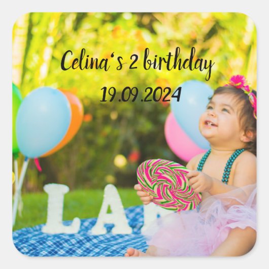 Personaliseer uw baby's verjaardagsfoto vierkante sticker (Voorkant)