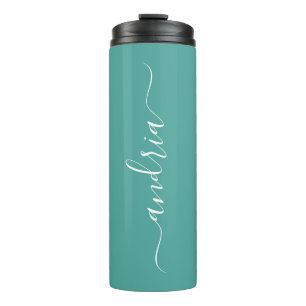 Personaliseer Verticale Witte Script Naam op Blauw Thermosbeker