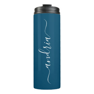 Personaliseer verticale witte scriptnaam, Ocean Bl Thermosbeker
