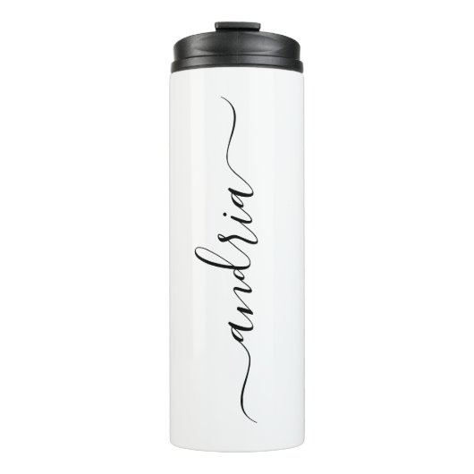 Personaliseer Verticale Zwarte Script Naam op Wit Thermosbeker (Voorkant)