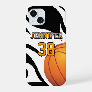 Personaliseer Vlammende Basketbal Z/W iPhone 15 Hoesje