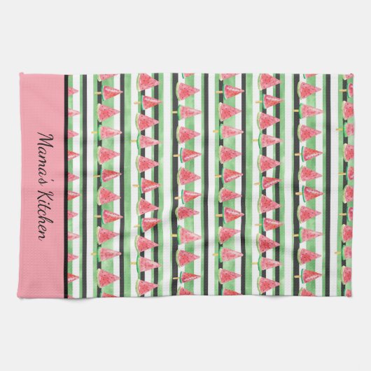 Personaliseer Watermeloen Roze Groen Wit Zwart  Theedoek (Horizontaal)