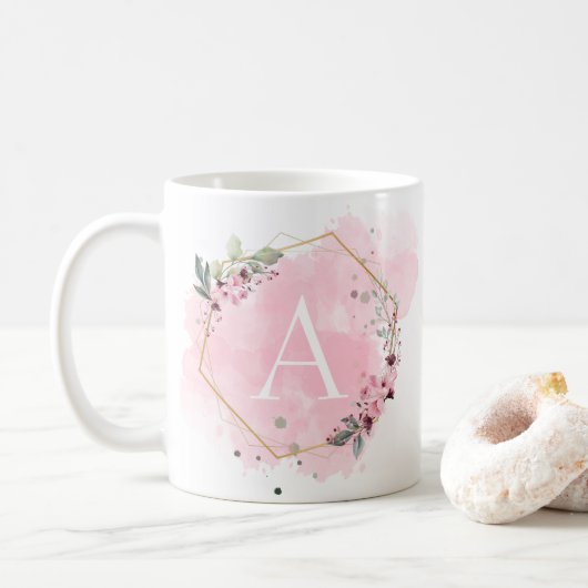 Personaliseer Waterverf Bloemen Lijst Wit Initiaal Koffiemok (Met donut)
