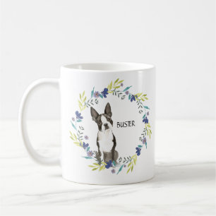 Personaliseer Waterverf Boston Terrier Blue Wreath Koffiemok