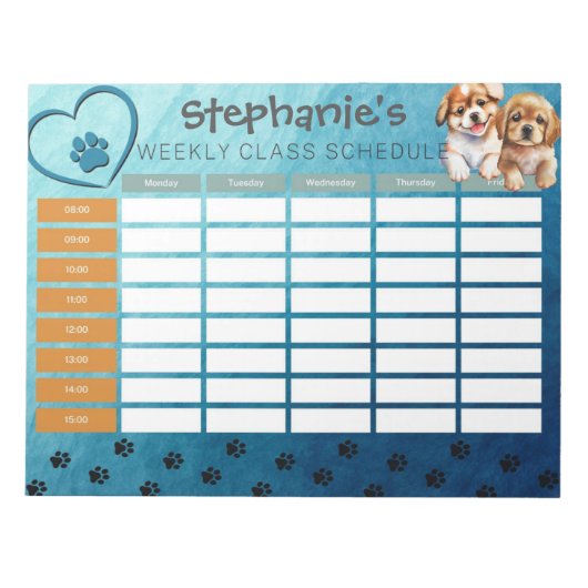 Personaliseer Waterverf Dog Weekly Class Schema Notitieblok (Voorkant)