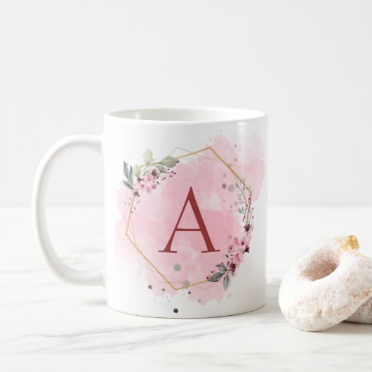Personaliseer Waterverf Roze Bloemen Lijst Initiaa Koffiemok (Met donut)