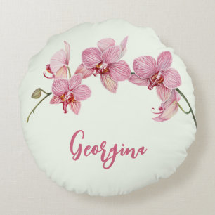 Personaliseer Waterverf Roze Moth Orchids Flower Rond Kussen
