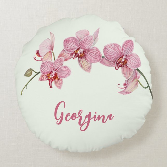 Personaliseer Waterverf Roze Moth Orchids Flower Rond Kussen (Achterkant)