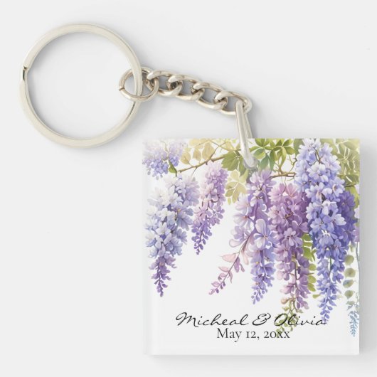 Personaliseer waterverf wisteria paarse bloemen sleutelhanger (voorkant)