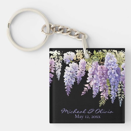 Personaliseer waterverf wisteria paarse bloemen sleutelhanger (voorkant)