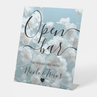 Personaliseer: Witte Bloemen Blauwe Trouw Open Bar Reclamebord Met Voetstuk