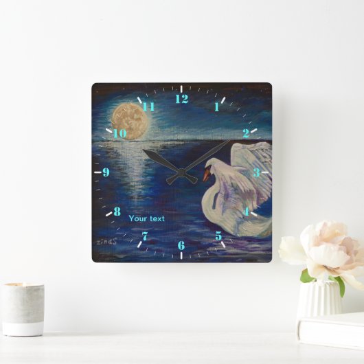 Personaliseer Zwaan in het meer bij volle maan Vierkante Klok (Huis)