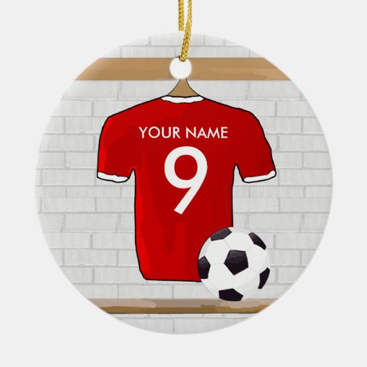 Personaliseerbaar Rood Wit Voetbalshirt Keramisch Ornament (Voorkant)