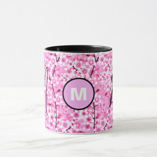 personaliseerbare mok | Roze Bloemen Monogrammed I (Midden)