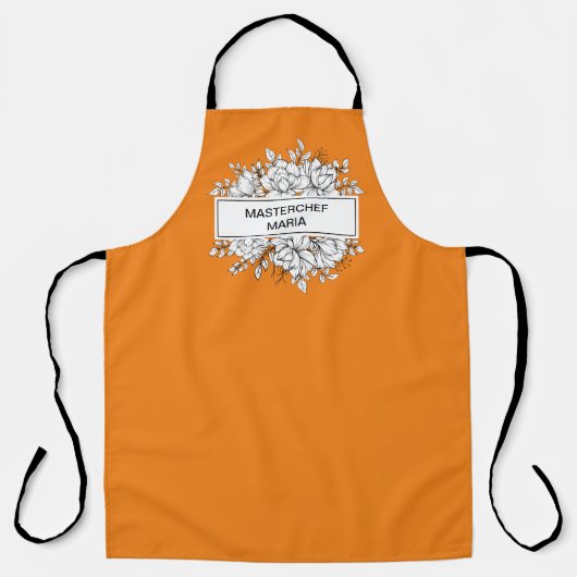 PERSONALISEERD Minimaal Oranje Schort Floral Label (Voorkant)
