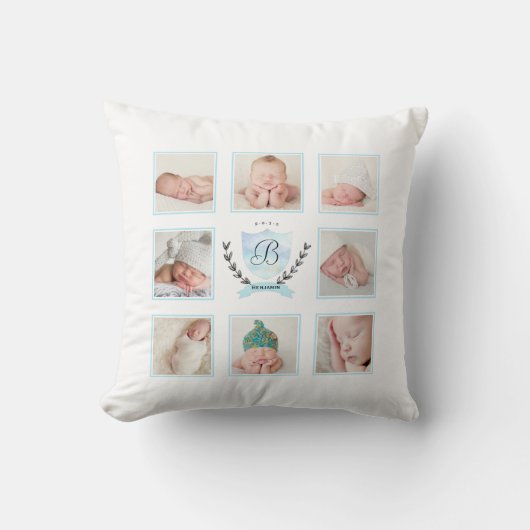 PERSONALISEERDE BABY BOY FOTO COLLAGE MET WREATS KUSSEN (Voorkant)