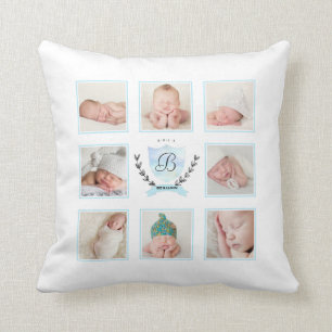 PERSONALISEERDE BABY BOY FOTO COLLAGE MET WREATS KUSSEN