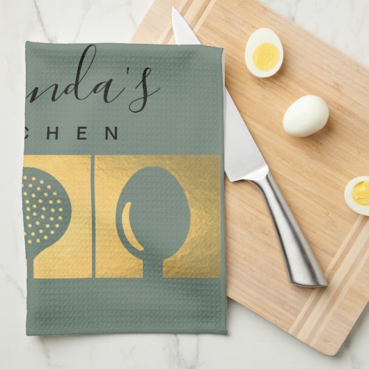 PERSONALISEERDE GOLD FAUX SPOON FORK SKIMMER CHEF THEEDOEK (Quarter Fold)