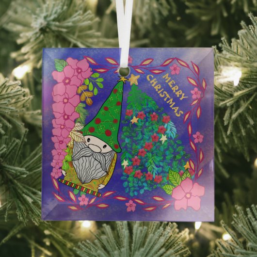 PERSONALISEERDE MERRY CHRISTMAS MET GNOME XMAS TRE GLAS ORNAMENT (Insitu)