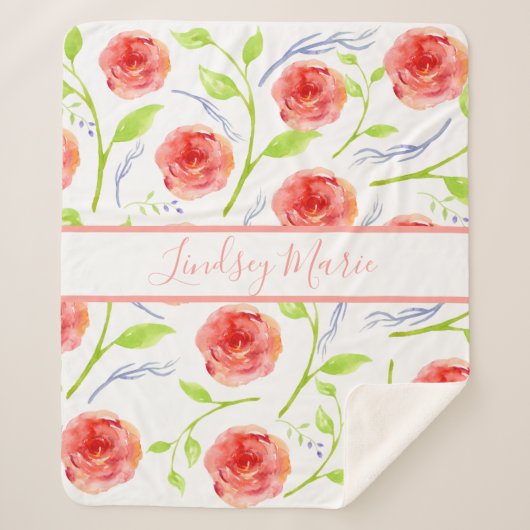 PERSONALISEERDE WATERVERF ROZEN SHERPA BLANKET DEKEN (Voorkant)