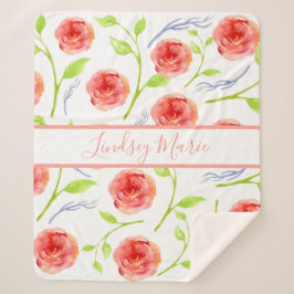 PERSONALISEERDE WATERVERF ROZEN SHERPA BLANKET DEKEN