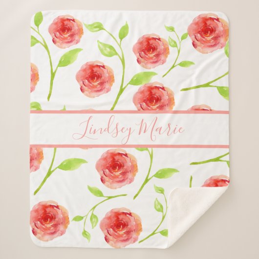 PERSONALISEERDE WATERVERF ROZEN SHERPA BLANKET SHERPA DEKEN (Voorkant)