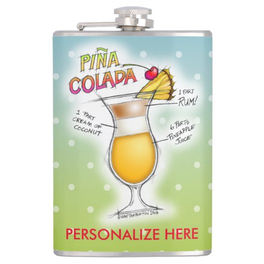 PERSONALISERDE FLES, PINA COLADA RECEPT COCKTAIL HEUPFLES (Voorkant)