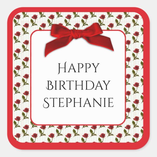 Personaliseren: Happy Birthday Red Roses patroon Vierkante Sticker (Voorkant)