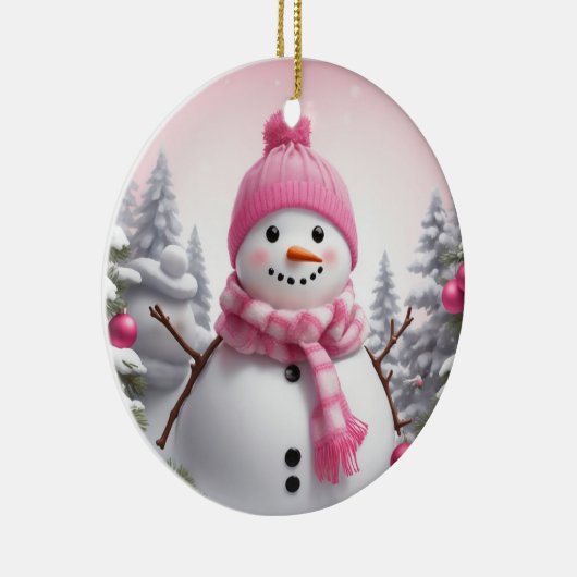 Personaliseren: Happy Pink Sjaal Xmas Sneeuwman Keramisch Ornament (Rechts)