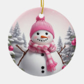 Personaliseren: Happy Pink Sjaal Xmas Sneeuwman Keramisch Ornament (Voorkant)