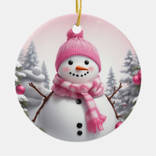 Personaliseren: Happy Pink Sjaal Xmas Sneeuwman Keramisch Ornament (Voorkant)