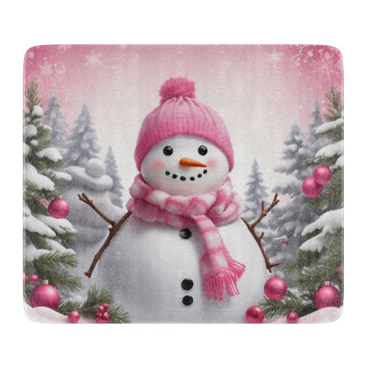 Personaliseren: Happy Pink Sjaal Xmas Sneeuwman Snijplank (Voorkant)