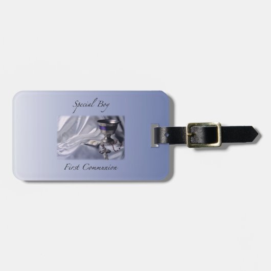 Personaliseren, jongen, eerste communiqué blauw bagagelabel (Voorkant horizontaal)