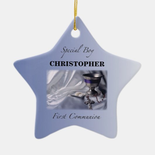 Personaliseren, jongen, eerste communiqué blauw keramisch ornament (Voorkant)
