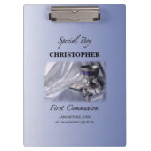 Personaliseren, jongen, eerste communiqué blauw klembord (Voorkant)