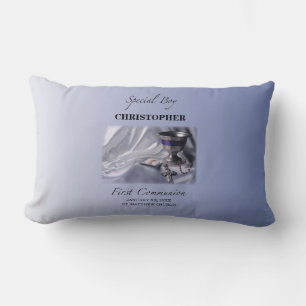 Personaliseren, jongen, eerste communiqué blauw kussen