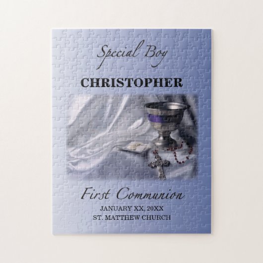 Personaliseren, jongen, eerste communiqué blauw legpuzzel (Verticaal)