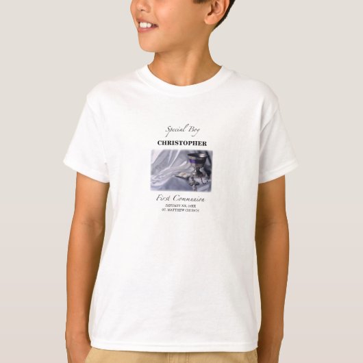 Personaliseren, jongen, eerste communiqué blauw t-shirt (Voorkant)