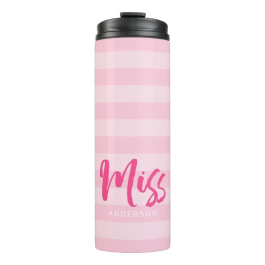 Personaliseren met de naam Miss Preppy Roze Stripe Thermosbeker (Voorkant)