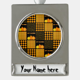 Personaliseren - Pompoen Halloween Patchwork Patro Verzilverd Banner Ornament