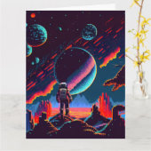 Personaliseren - Retro 8-bits ruimteastronaut Kaart (Gele Bloem)