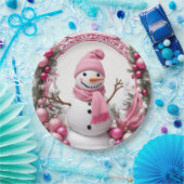 Personaliseren: Roze Kerstmis Sneeuwman Papieren Bordje (Feest)
