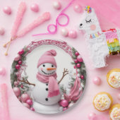 Personaliseren: Roze Kerstmis Sneeuwman Papieren Bordje (Feest)