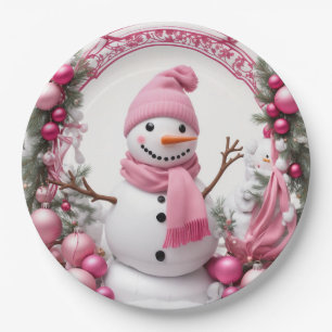 Personaliseren: Roze Kerstmis Sneeuwman Papieren Bordje