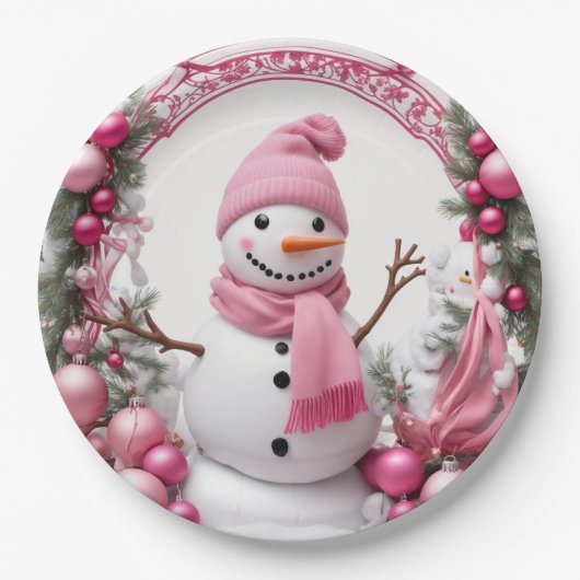 Personaliseren: Roze Kerstmis Sneeuwman Papieren Bordje (Voorkant)