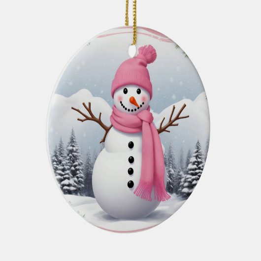 Personaliseren: Roze Sjaal Xmas Sneeuwman Keramisch Ornament (Rechts)